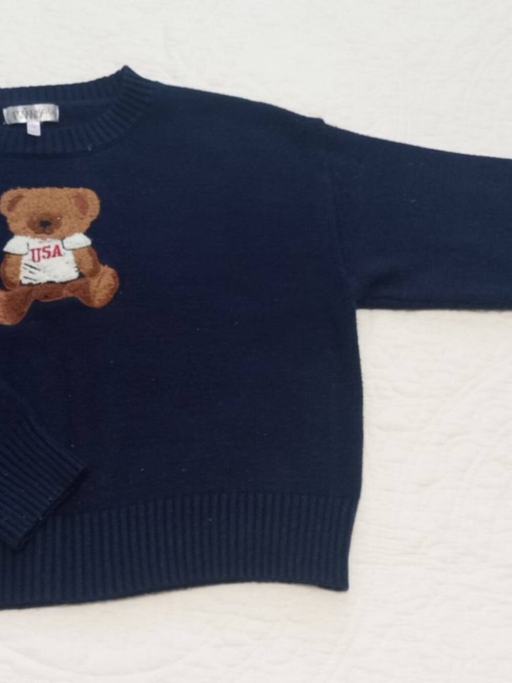 Dark blue Stella Tweed pullover with teddy bear applique. Size 14